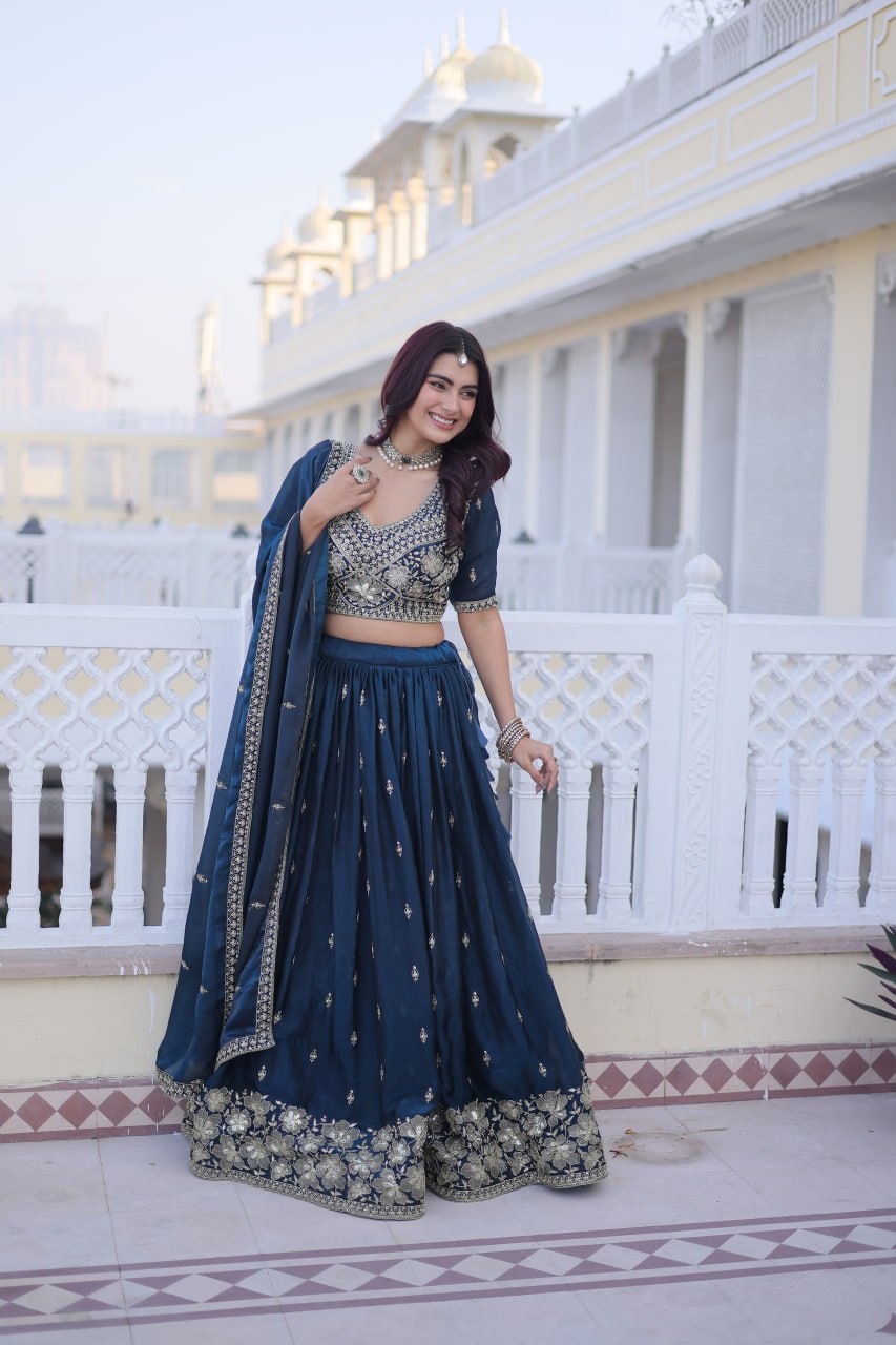 Teal Blue Fendy Silk Lehenga Set