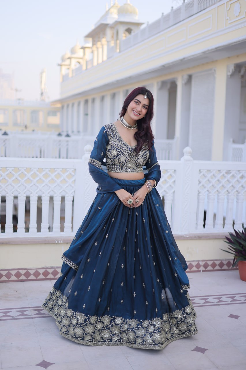 Teal Blue Fendy Silk Lehenga Set