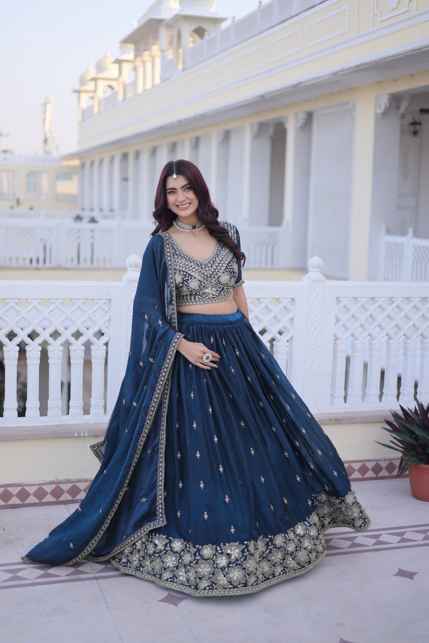Teal Blue Fendy Silk Lehenga Set