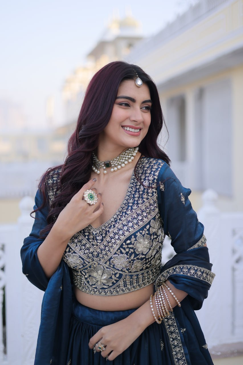 Teal Blue Fendy Silk Lehenga Set