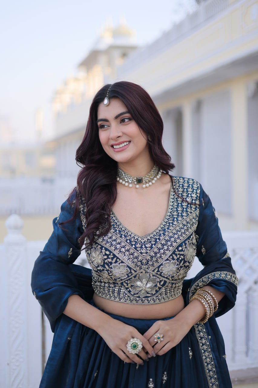 Teal Blue Fendy Silk Lehenga Set
