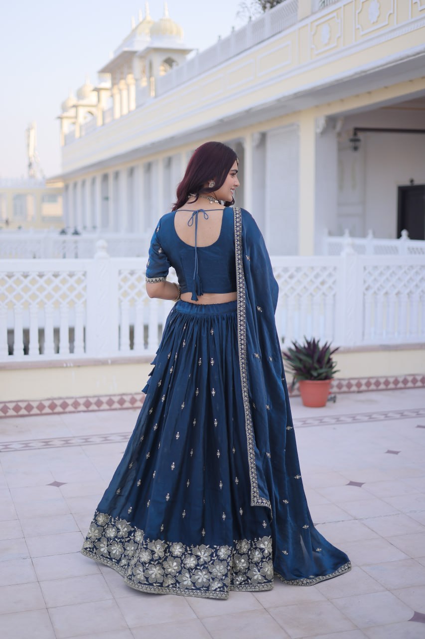 Teal Blue Fendy Silk Lehenga Set