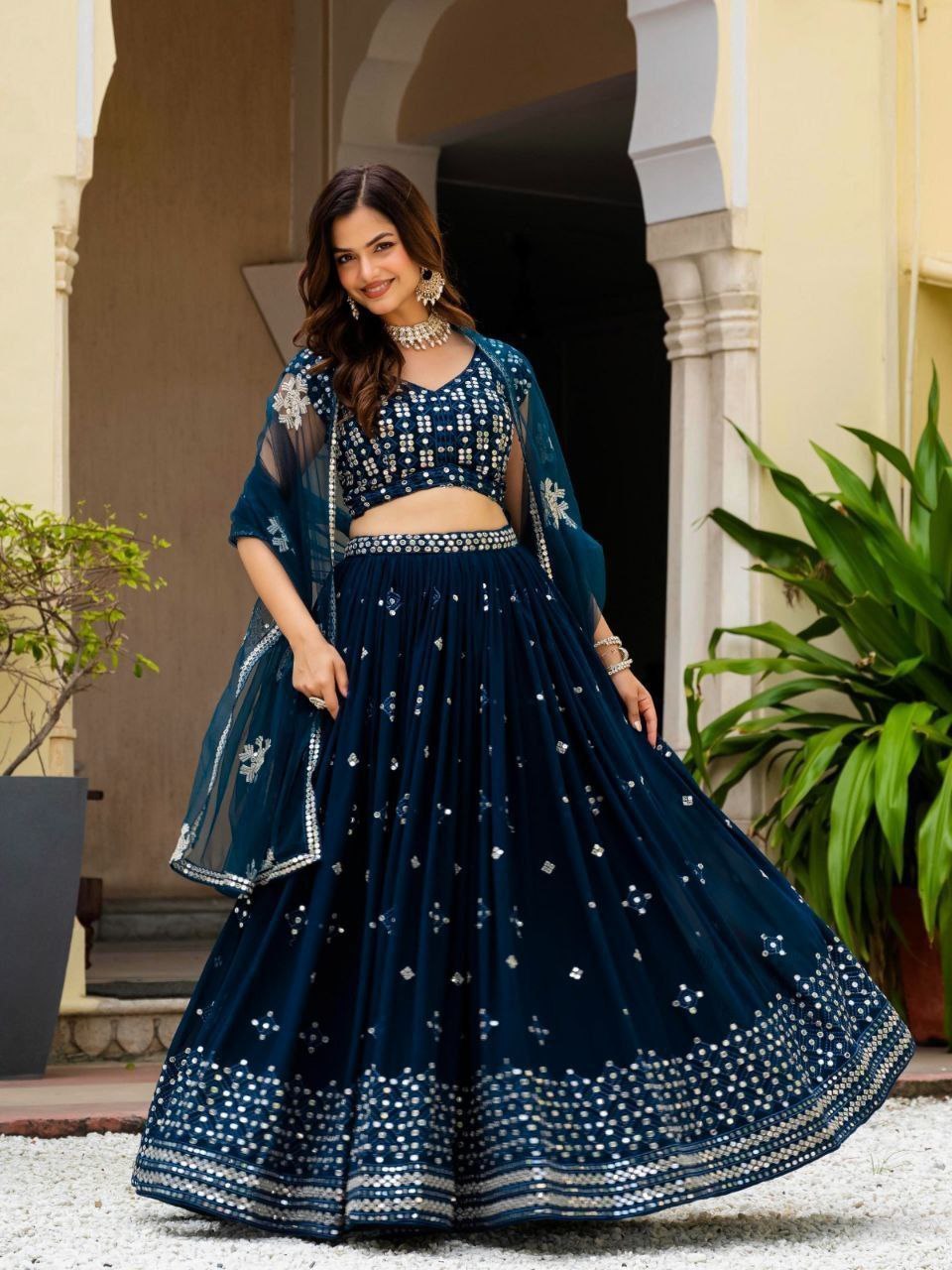 Teal Blue Georgette Embroidered Lehenga Set