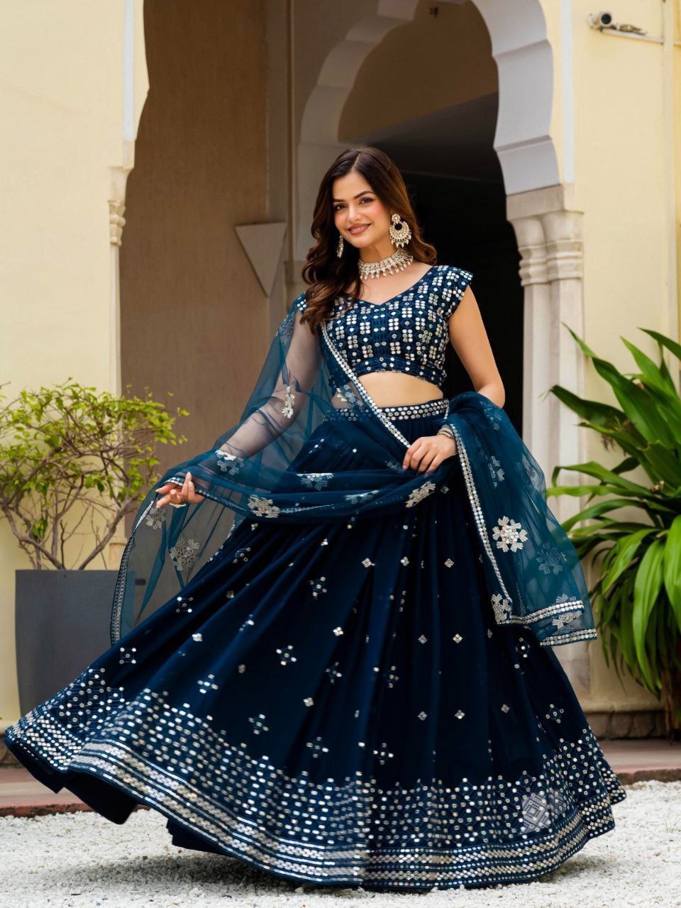 Teal Blue Georgette Embroidered Lehenga Set