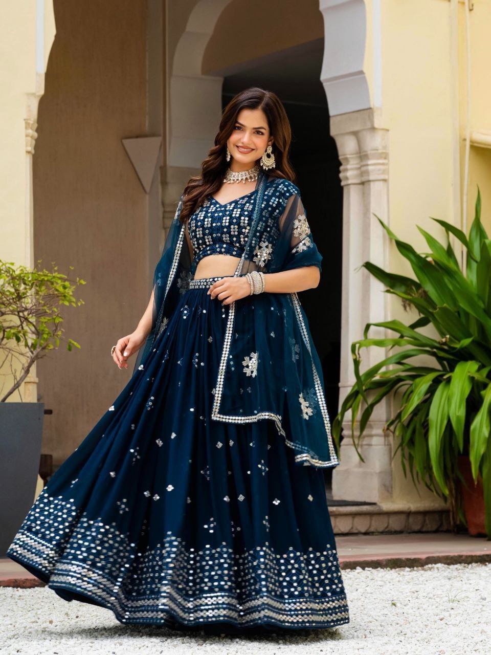 Teal Blue Georgette Embroidered Lehenga Set
