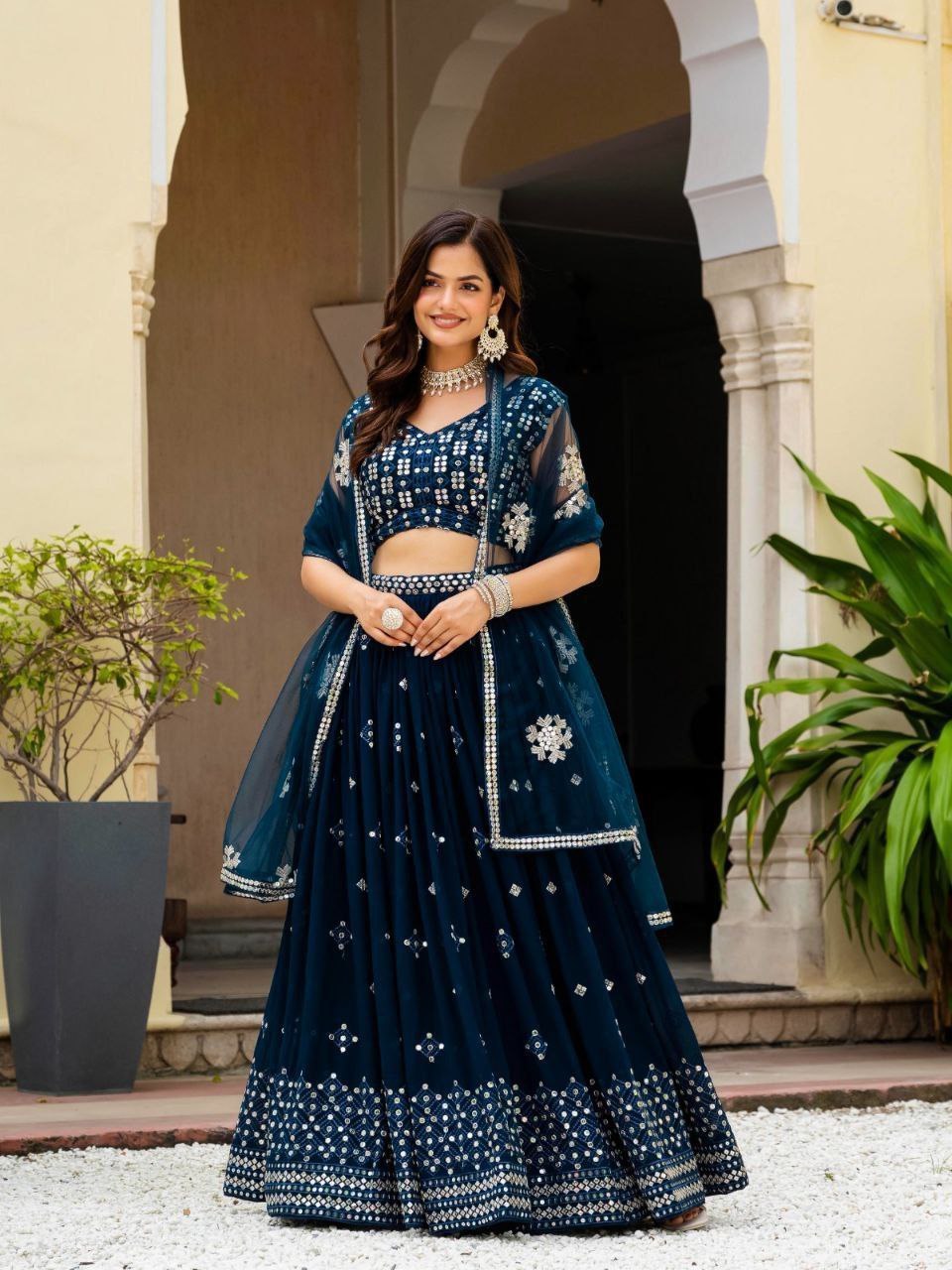 Teal Blue Georgette Embroidered Lehenga Set