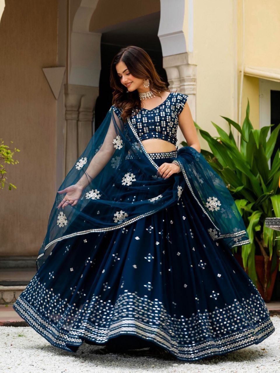 Teal Blue Georgette Embroidered Lehenga Set