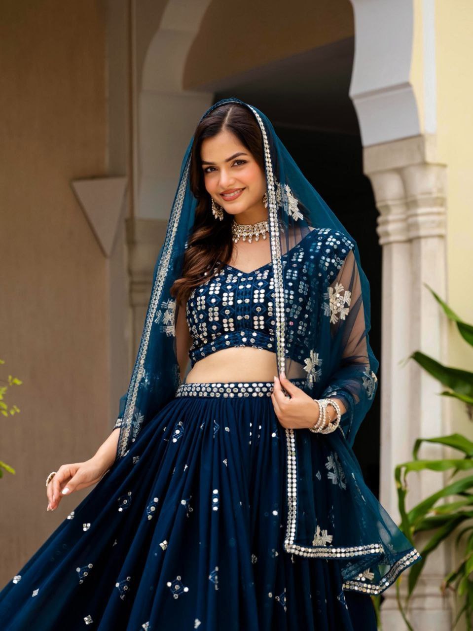 Teal Blue Georgette Embroidered Lehenga Set