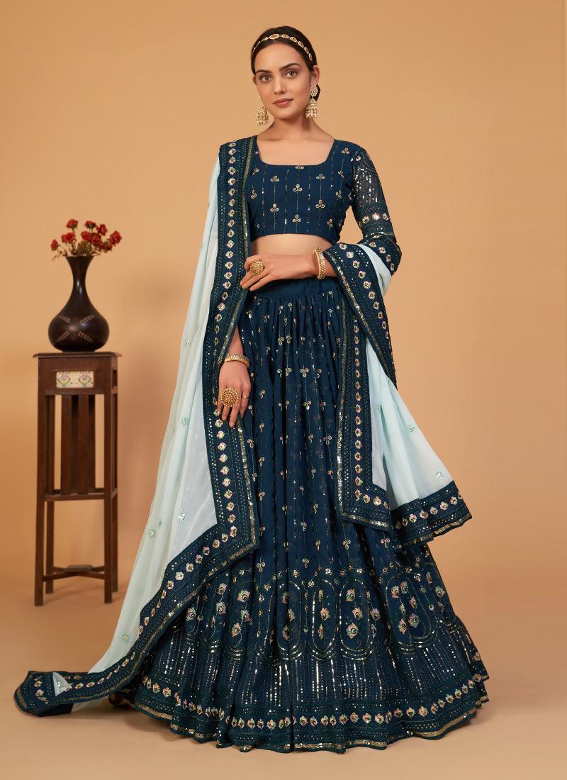 Teal Blue Georgette Lehenga With Contrast Dupatta