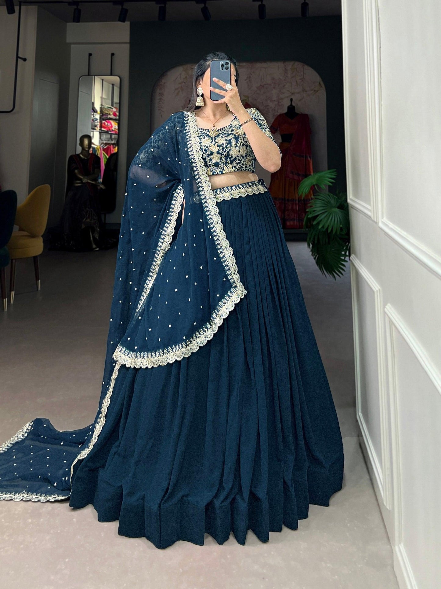 Teal Blue Georgette Sequins Thread Worked Lehenga Choli Set