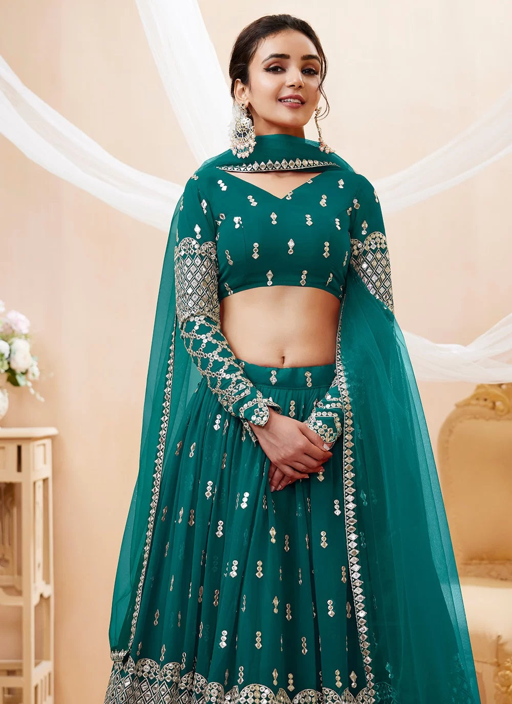 Teal blue georgette sequins zari embroidered party wear lehenga