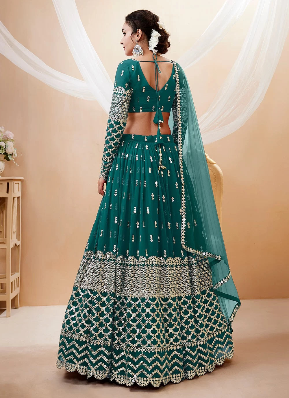 Teal blue georgette sequins zari embroidered party wear lehenga