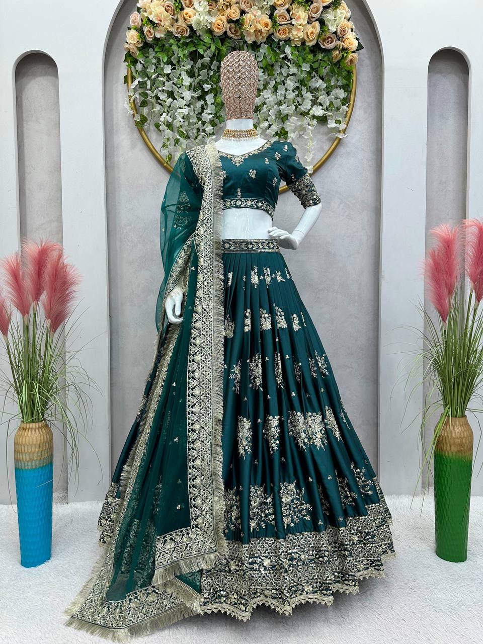 Teal Blue Graceful Japan Satin Semi-Stitched Lehenga Set with Sequence Embroidery & Soft Net Dupatta