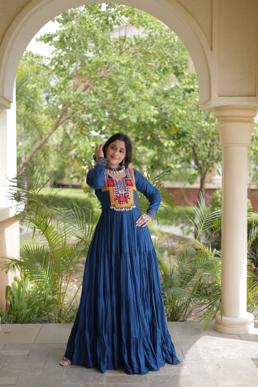 Teal Blue Kutchi Gamthi Mirror Work Gown