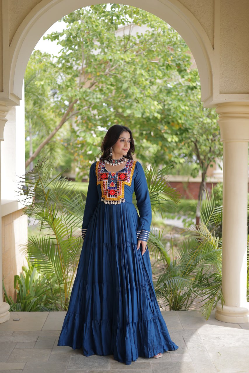 Teal Blue Kutchi Gamthi Mirror Work Gown