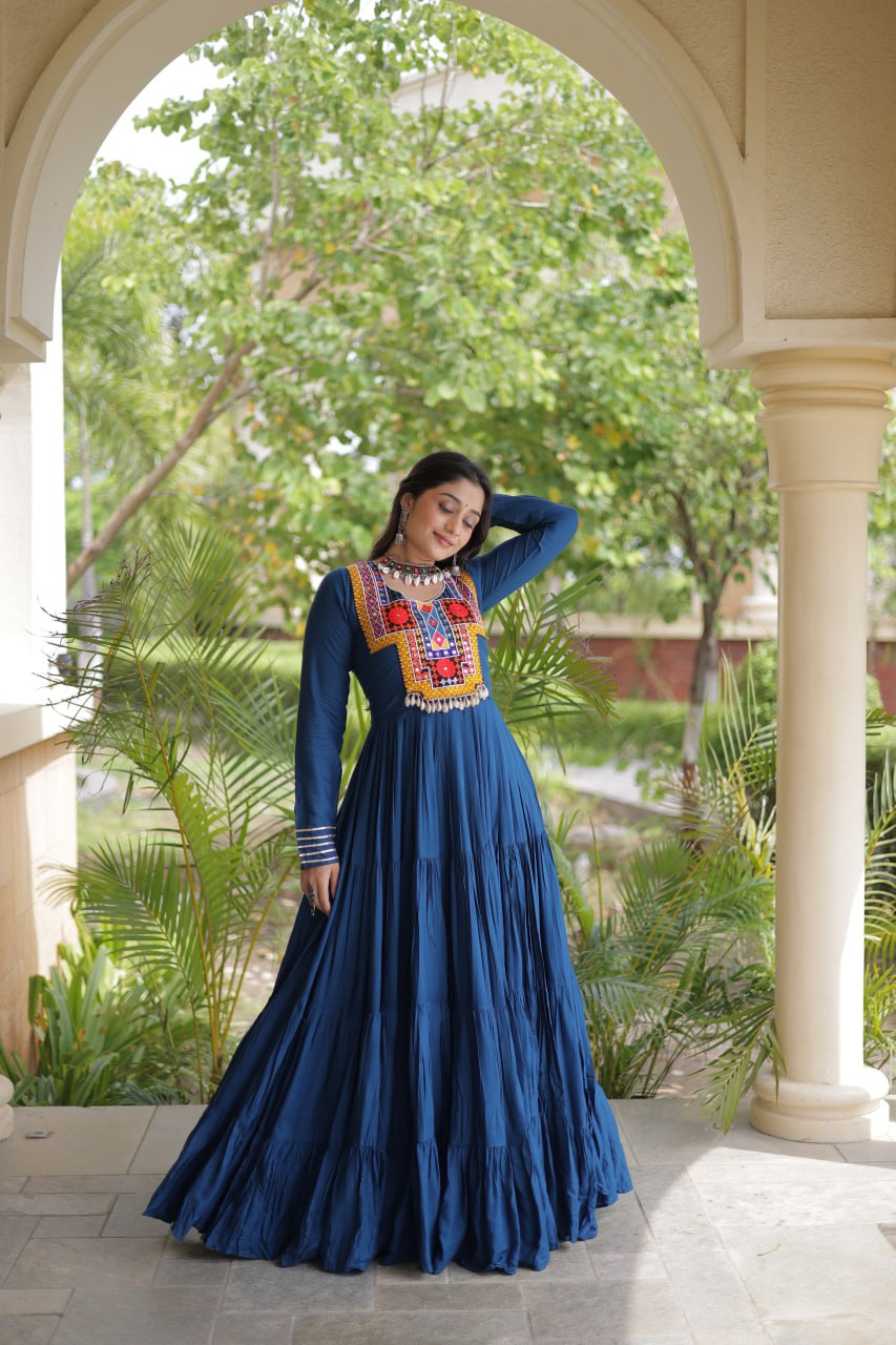 Teal Blue Kutchi Gamthi Mirror Work Gown