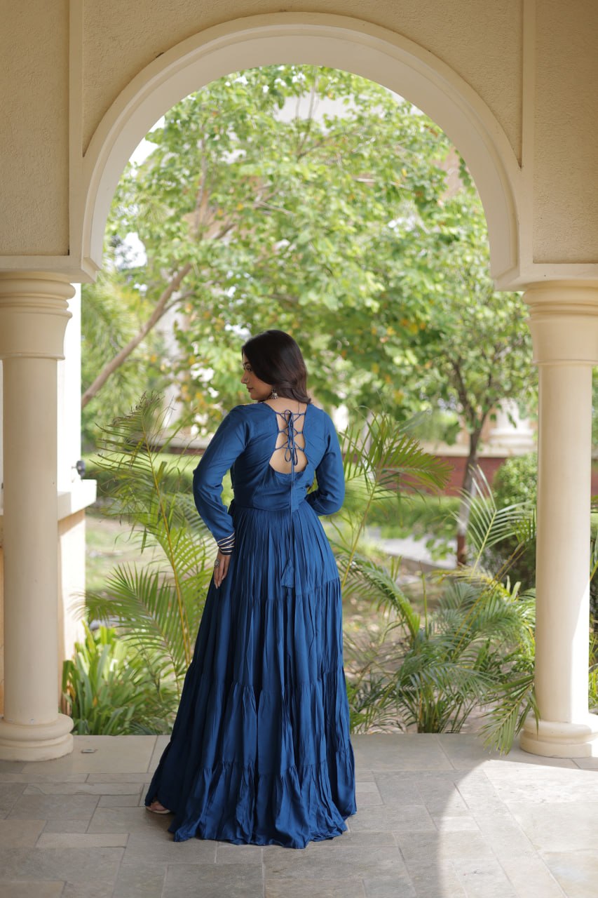 Teal Blue Kutchi Gamthi Mirror Work Gown
