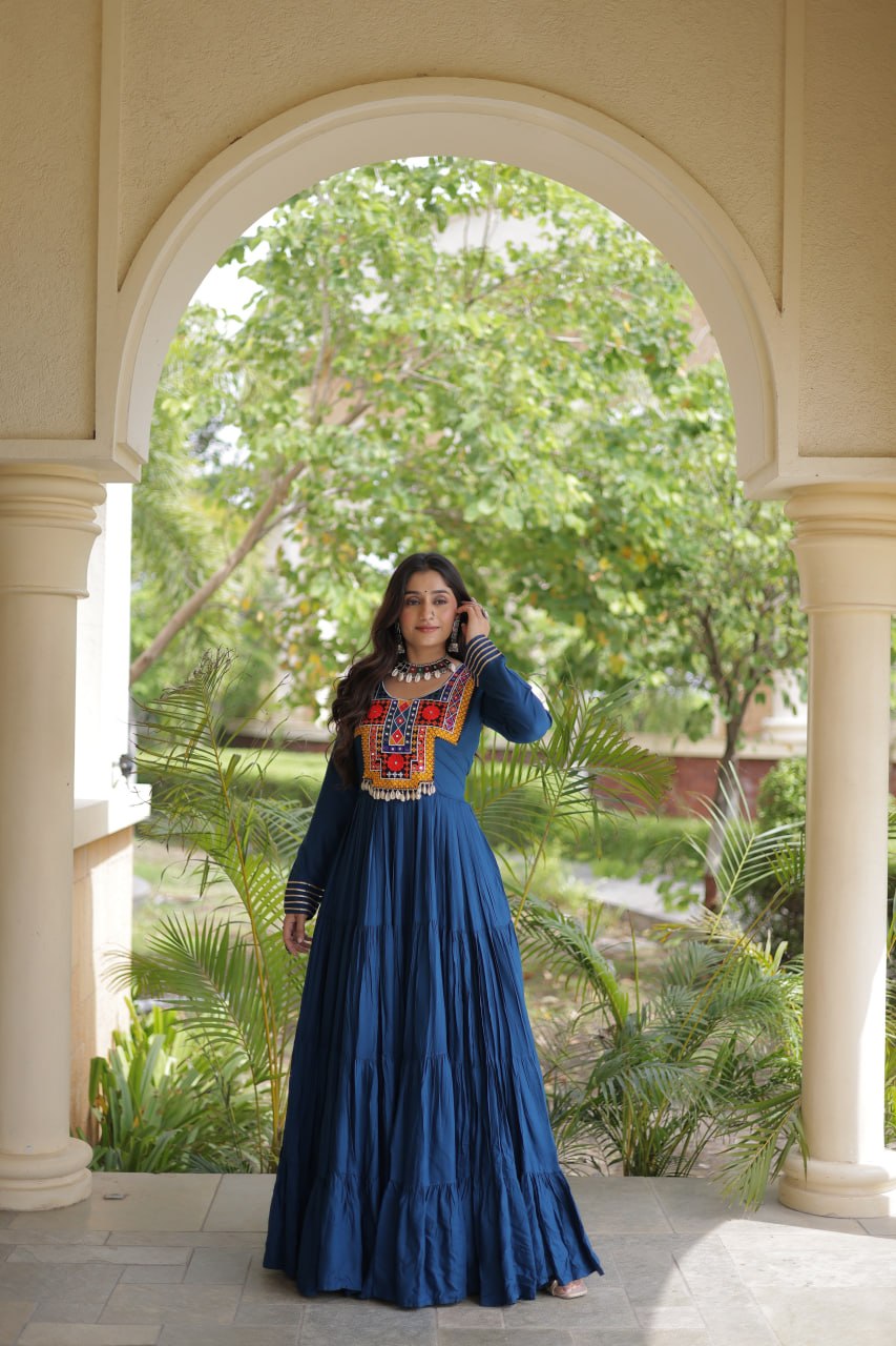 Teal Blue Kutchi Gamthi Mirror Work Gown
