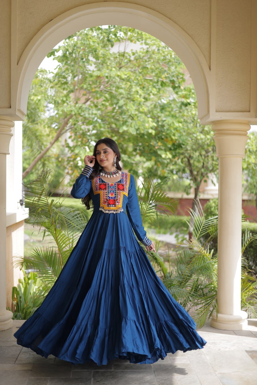 Teal Blue Kutchi Gamthi Mirror Work Gown