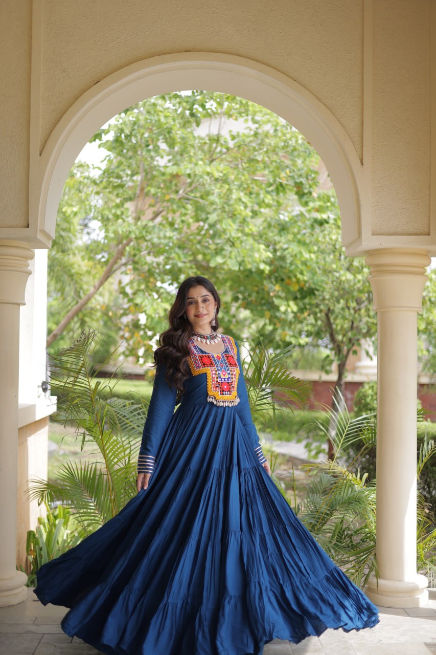 Teal Blue Kutchi Gamthi Mirror Work Gown