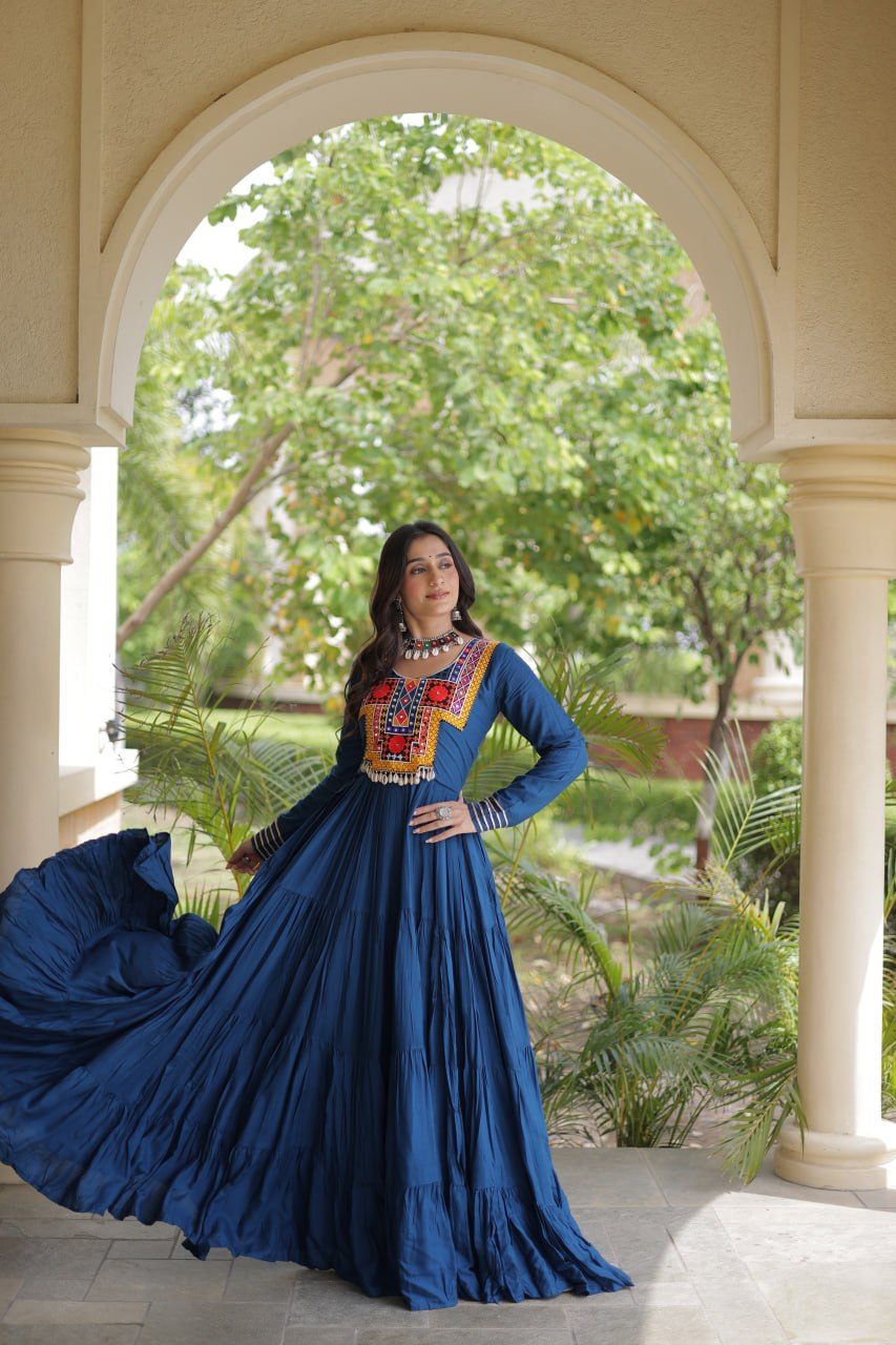 Teal Blue Kutchi Gamthi Mirror Work Gown