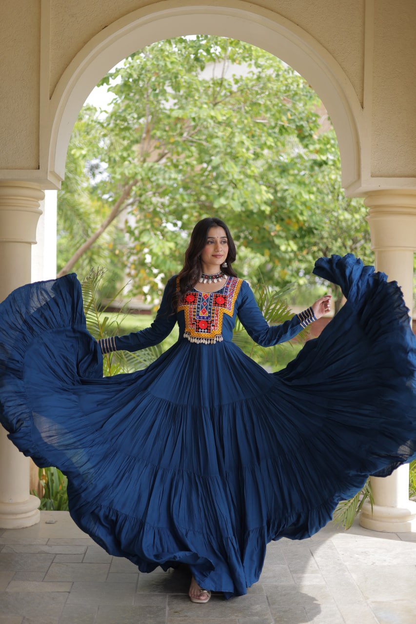 Teal Blue Kutchi Gamthi Mirror Work Gown