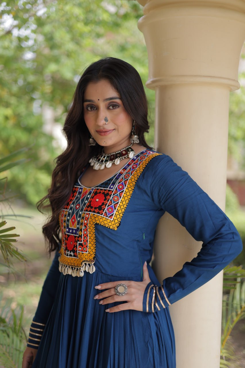 Teal Blue Kutchi Gamthi Mirror Work Gown