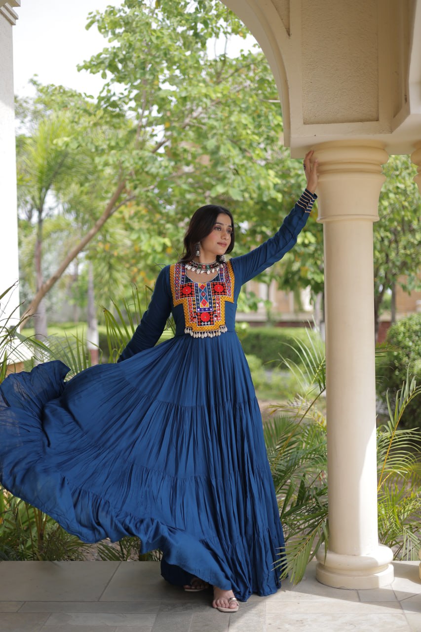 Teal Blue Kutchi Gamthi Mirror Work Gown