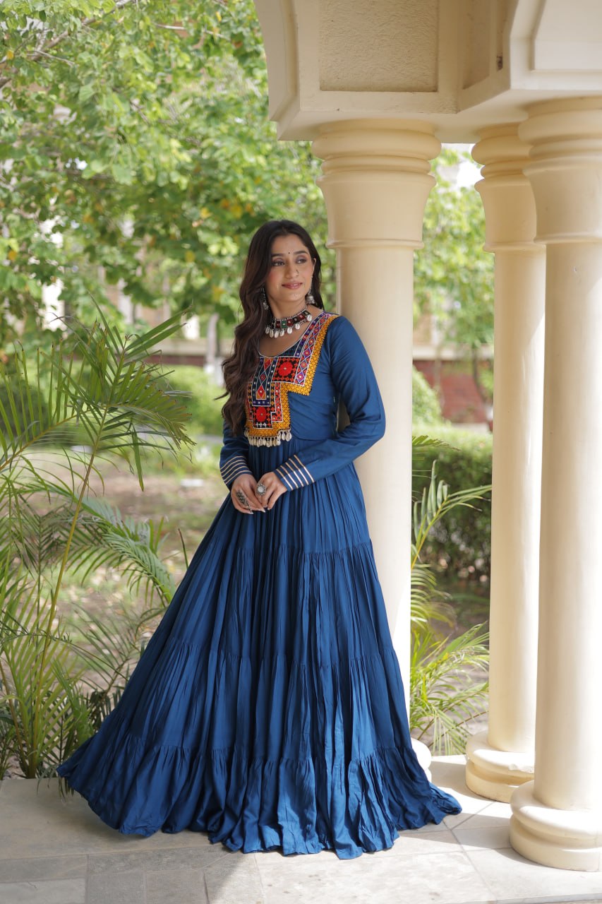 Teal Blue Kutchi Gamthi Mirror Work Gown