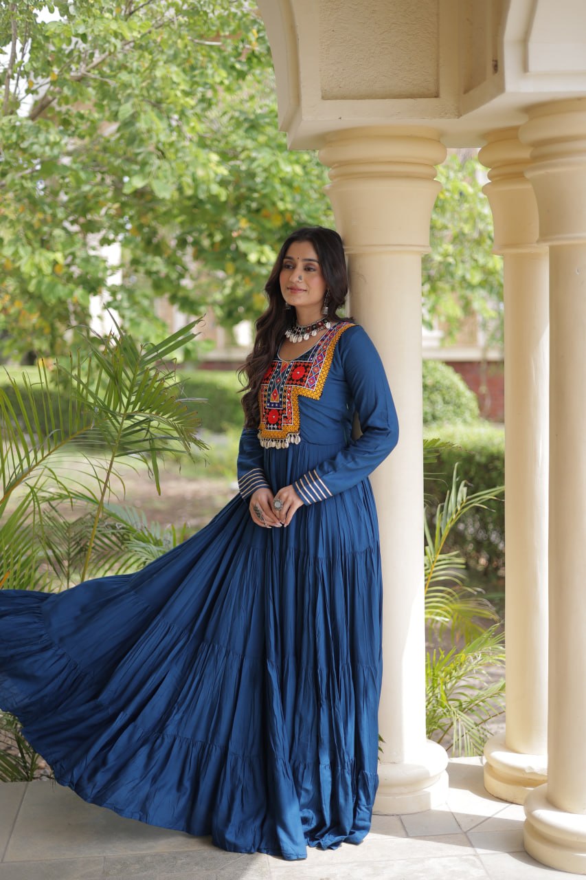Teal Blue Kutchi Gamthi Mirror Work Gown