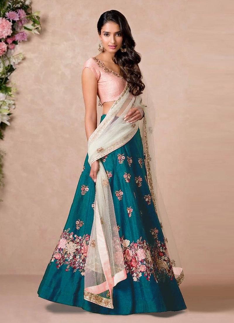 Teal Blue Lehenga Paired With Blush Pink Blouse With Dupatta Set