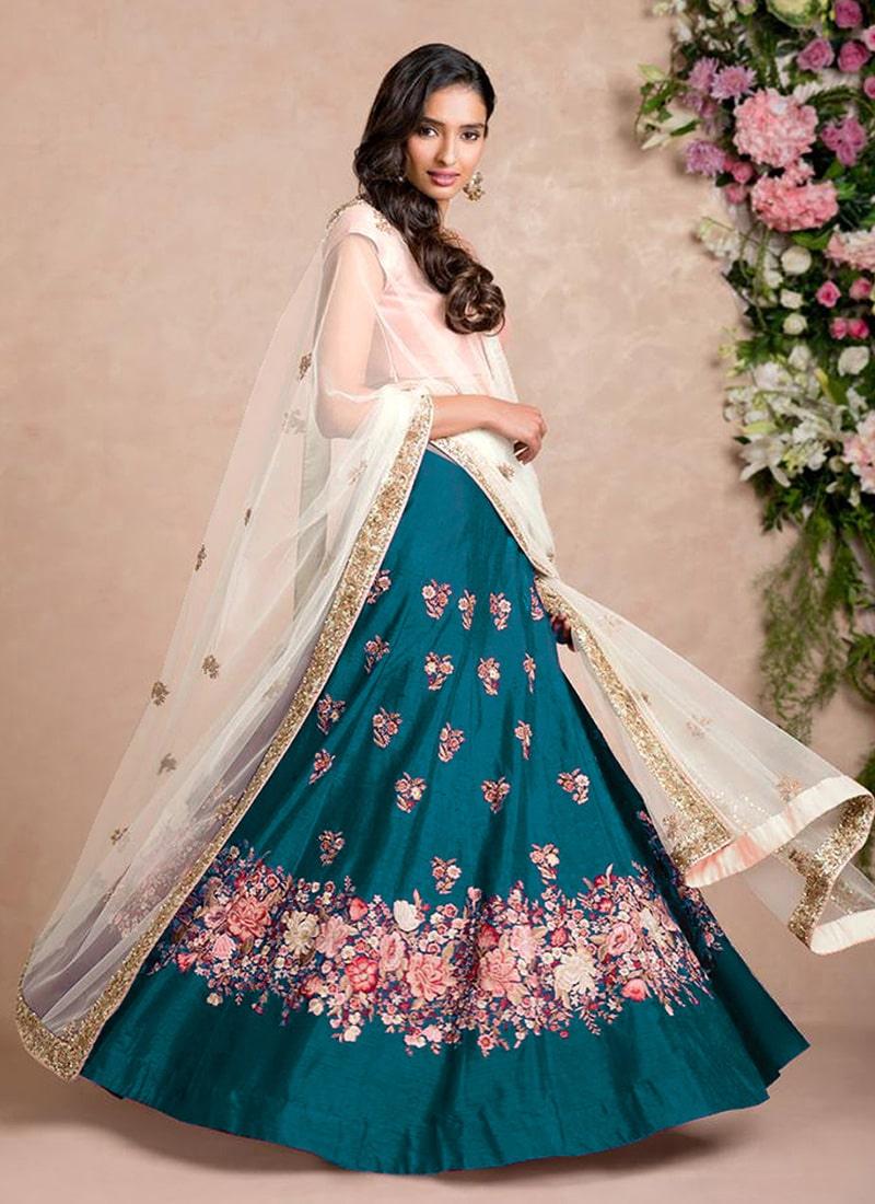 Teal Blue Lehenga Paired With Blush Pink Blouse With Dupatta Set