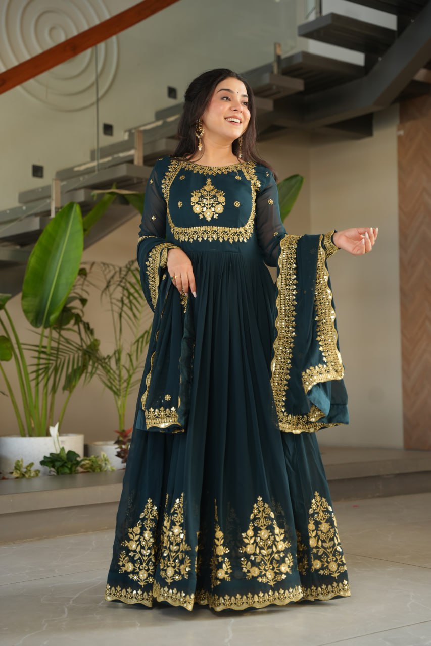 Teal Blue Luxury Designer Faux Blooming Georgette Gown with Zari & Sequin Embroidery