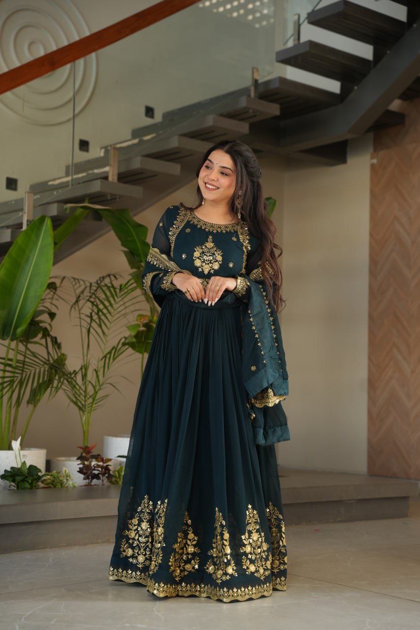 Teal Blue Luxury Designer Faux Blooming Georgette Gown with Zari & Sequin Embroidery