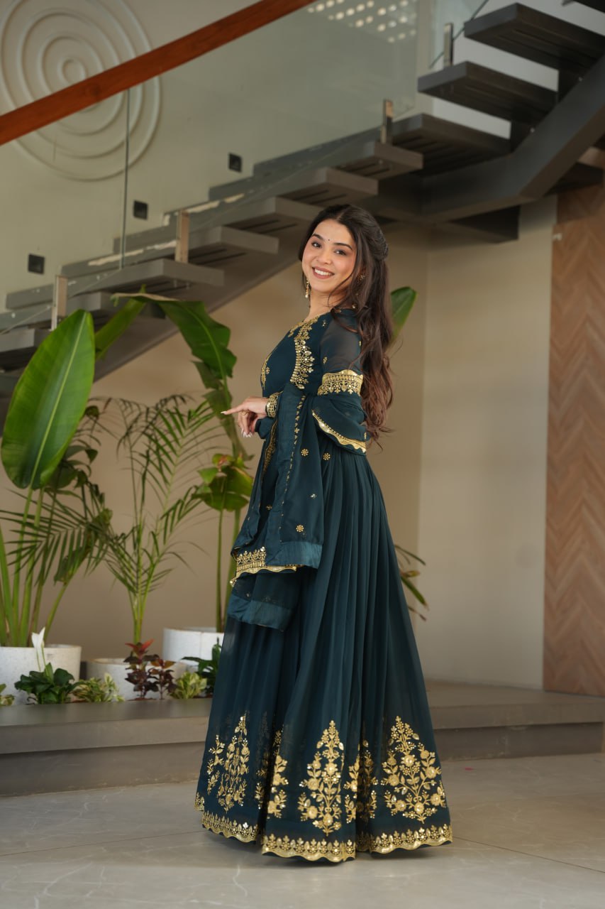 Teal Blue Luxury Designer Faux Blooming Georgette Gown with Zari & Sequin Embroidery