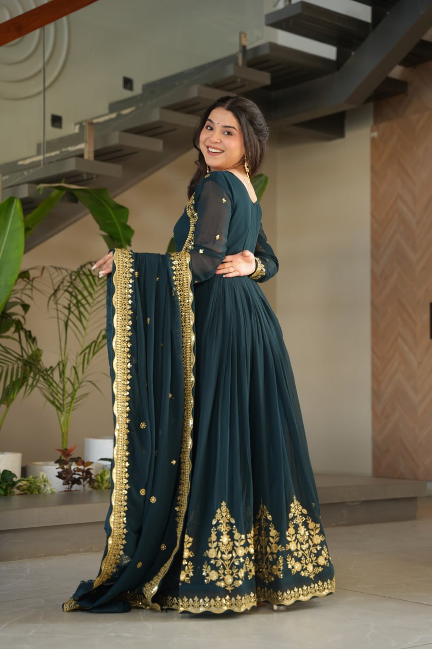 Teal Blue Luxury Designer Faux Blooming Georgette Gown with Zari & Sequin Embroidery