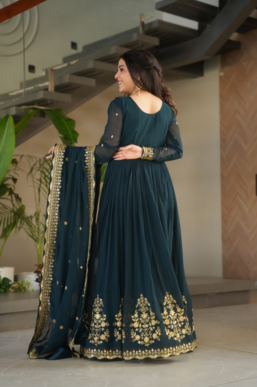 Teal Blue Luxury Designer Faux Blooming Georgette Gown with Zari & Sequin Embroidery