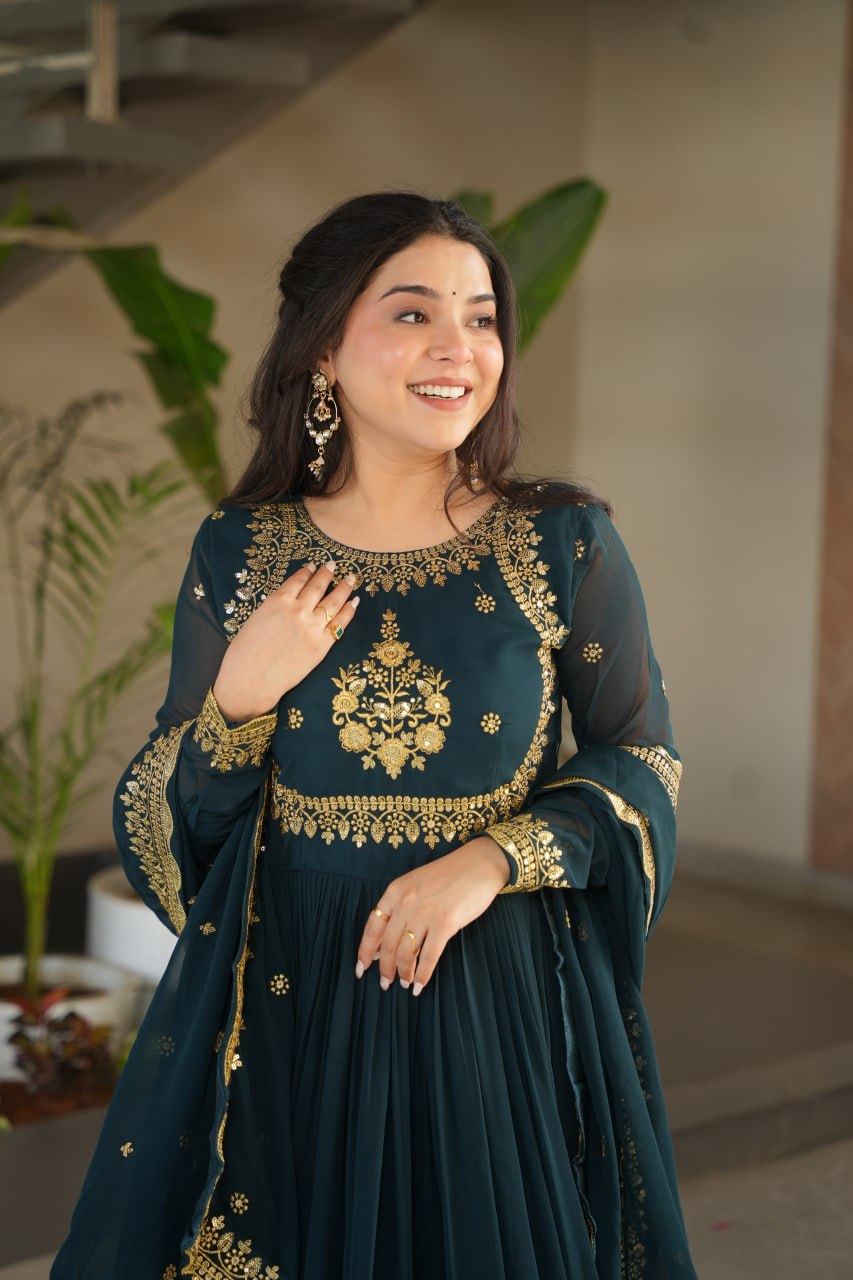 Teal Blue Luxury Designer Faux Blooming Georgette Gown with Zari & Sequin Embroidery