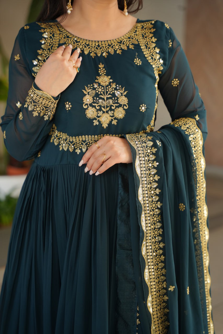 Teal Blue Luxury Designer Faux Blooming Georgette Gown with Zari & Sequin Embroidery