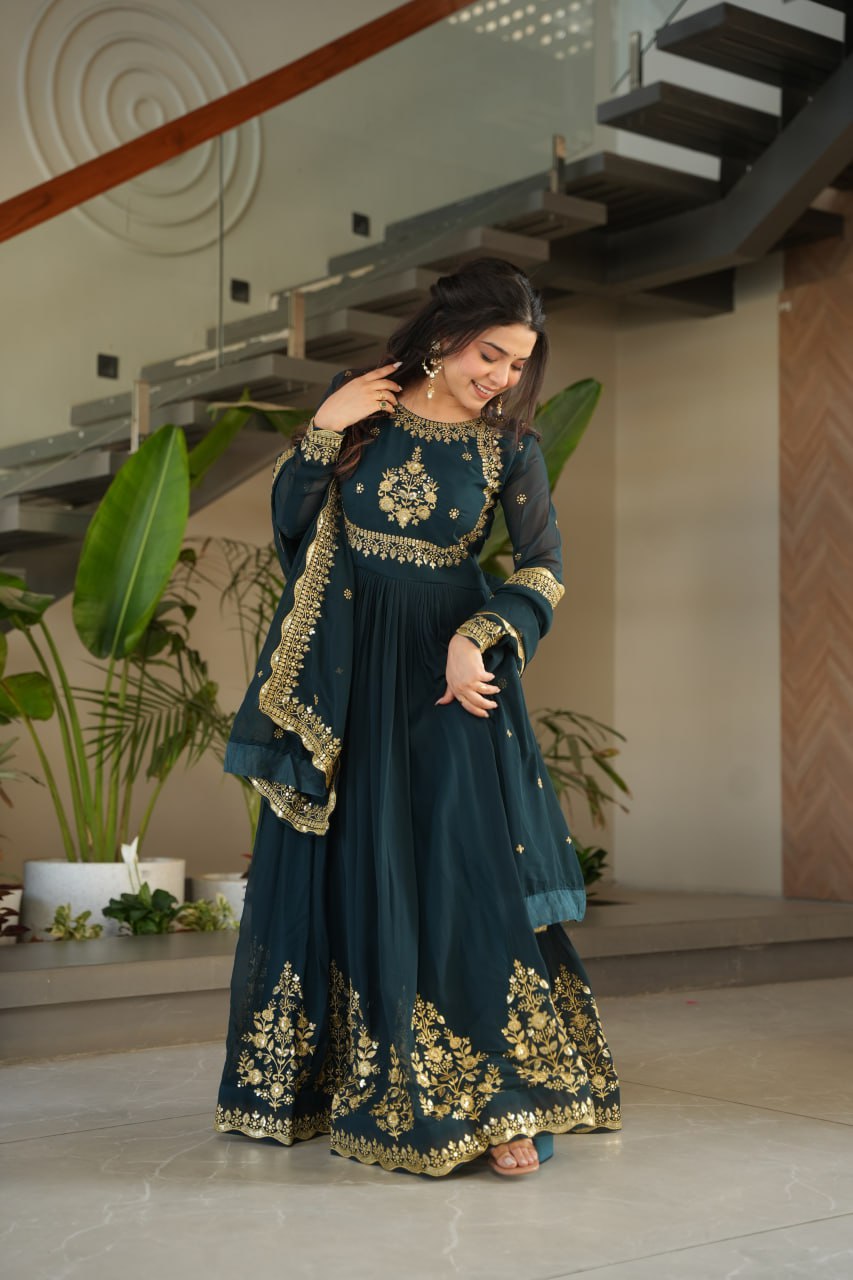 Teal Blue Luxury Designer Faux Blooming Georgette Gown with Zari & Sequin Embroidery