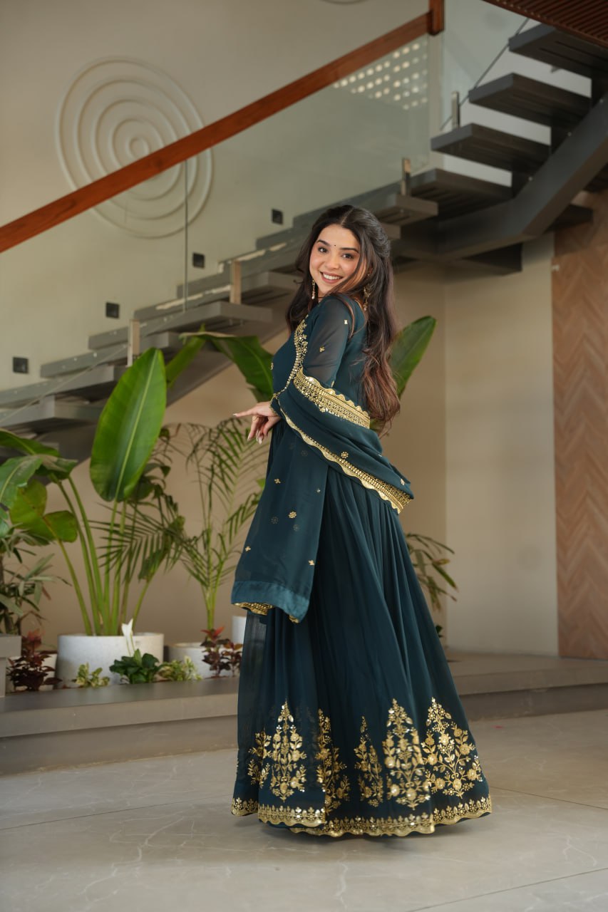 Teal Blue Luxury Designer Faux Blooming Georgette Gown with Zari & Sequin Embroidery