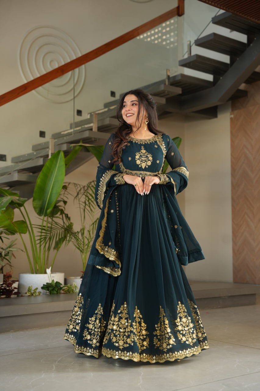 Teal Blue Luxury Designer Faux Blooming Georgette Gown with Zari & Sequin Embroidery