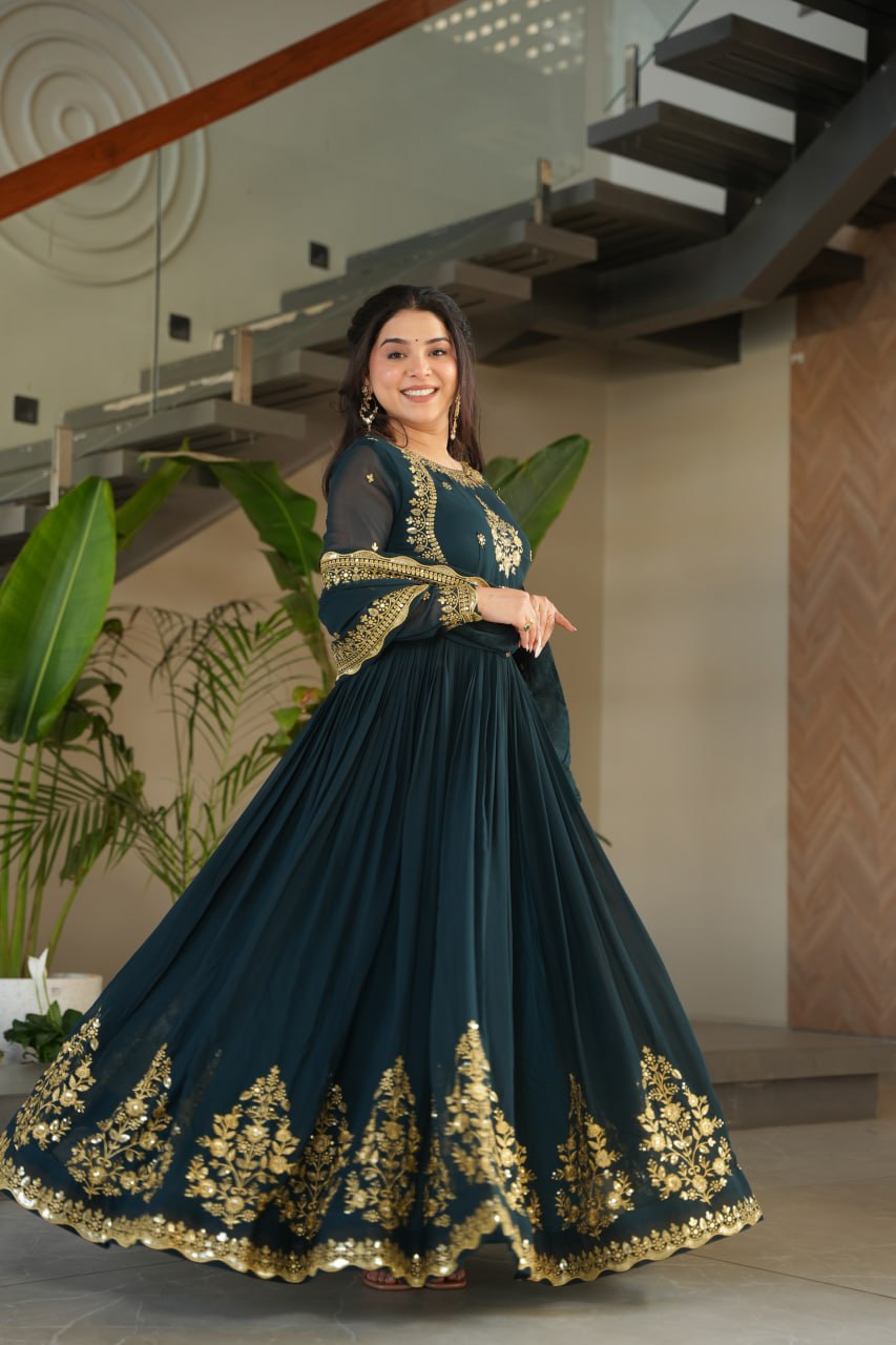 Teal Blue Luxury Designer Faux Blooming Georgette Gown with Zari & Sequin Embroidery