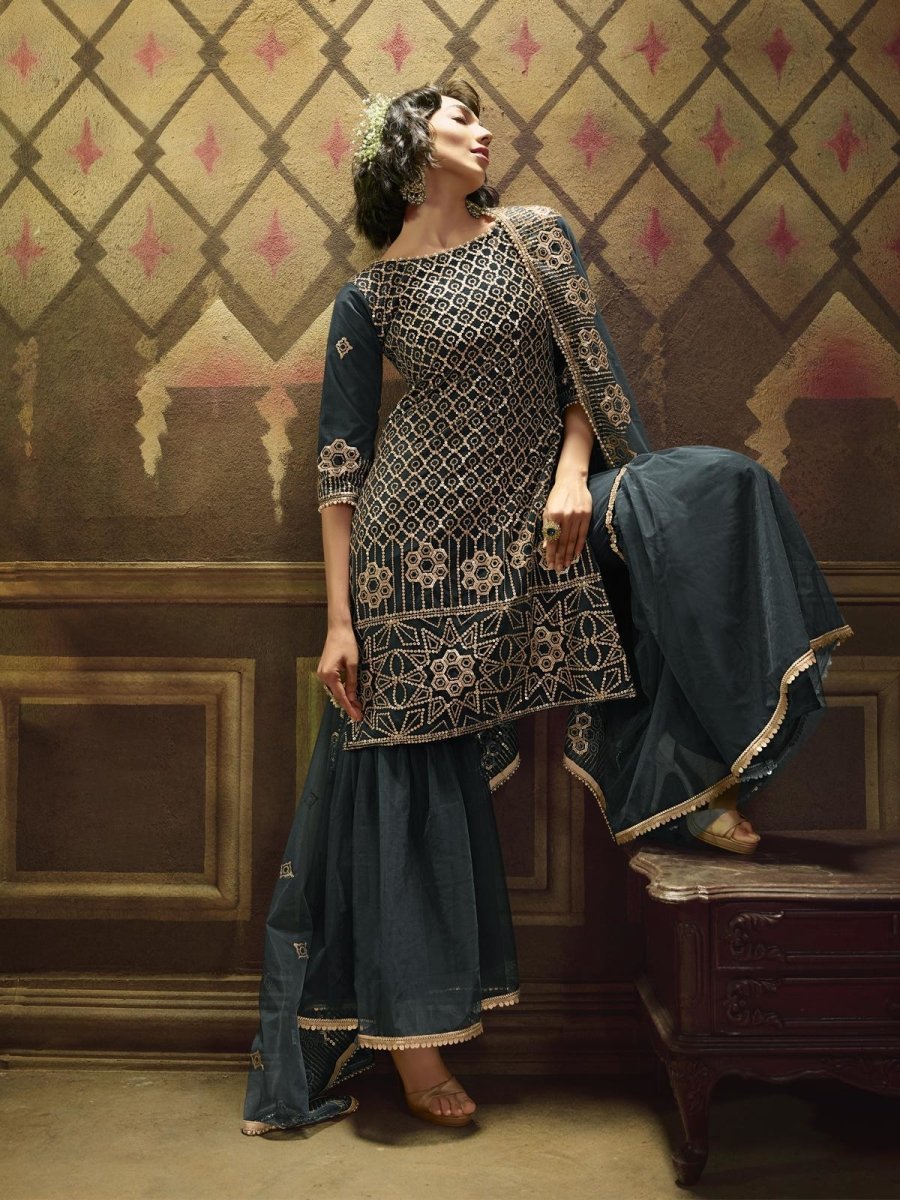 Teal Blue Net Embroidered Partywear Sharara Suit