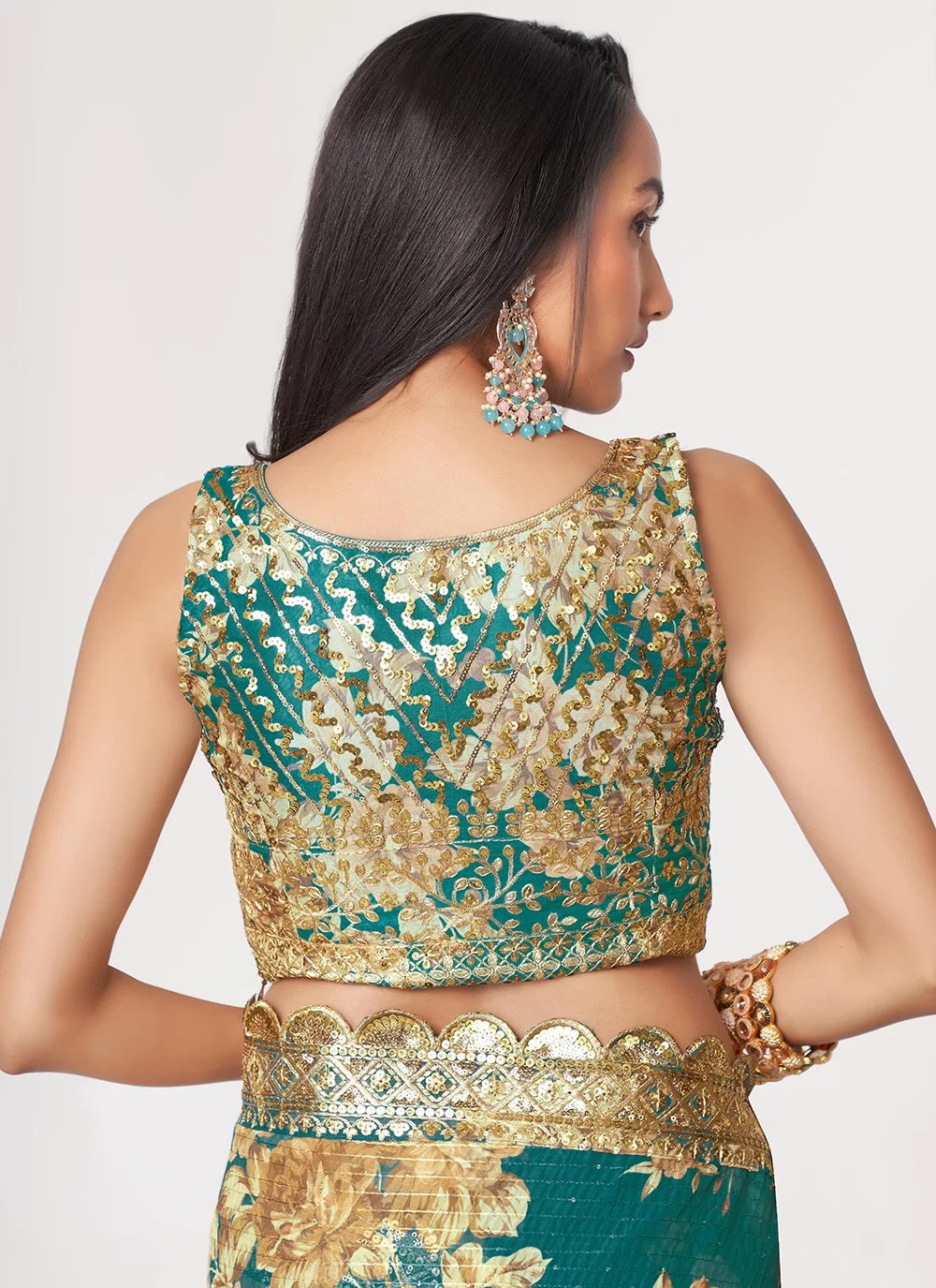Teal blue sequins embroidery work with digital print saree
