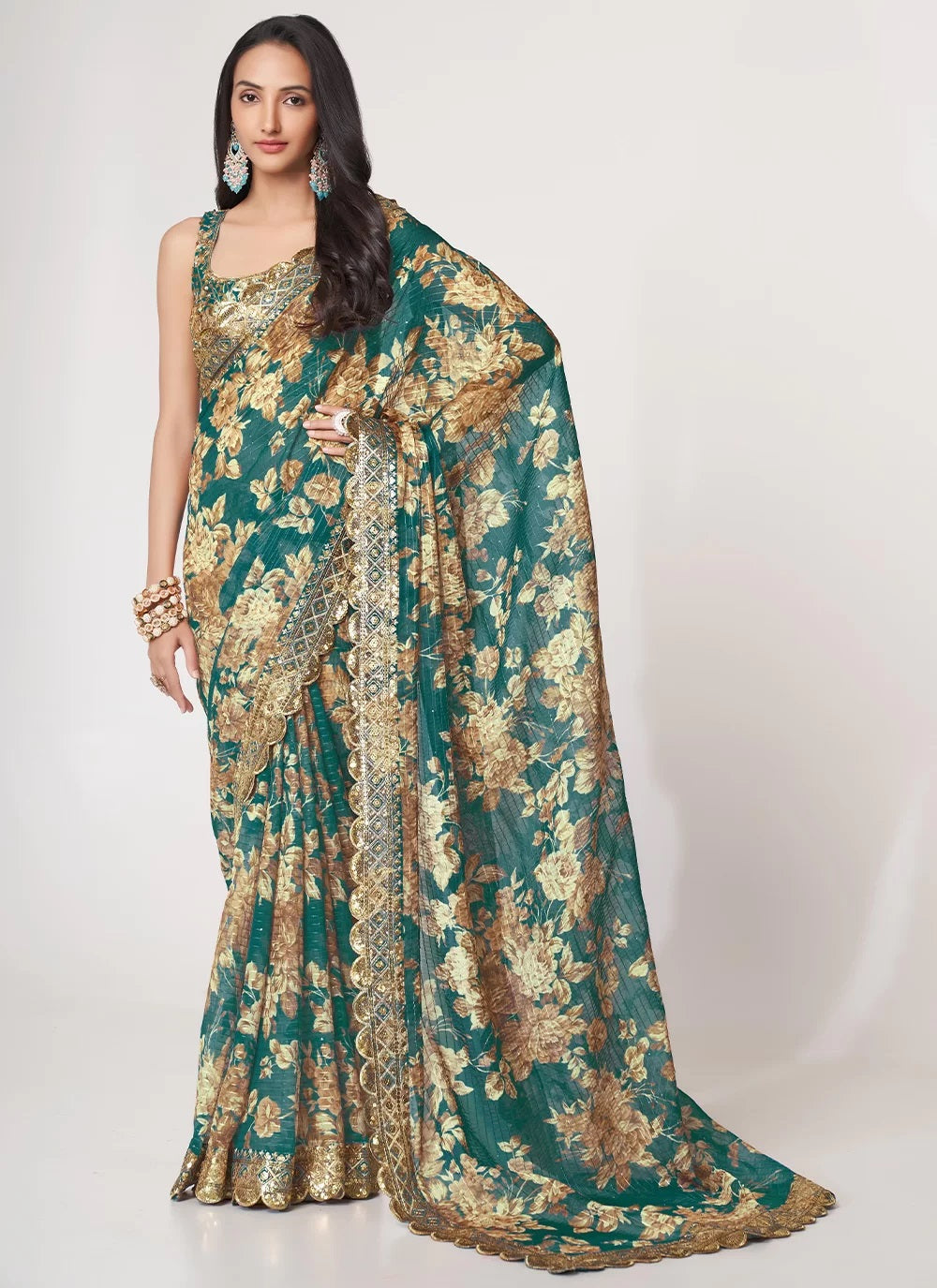 Teal blue sequins embroidery work with digital print saree
