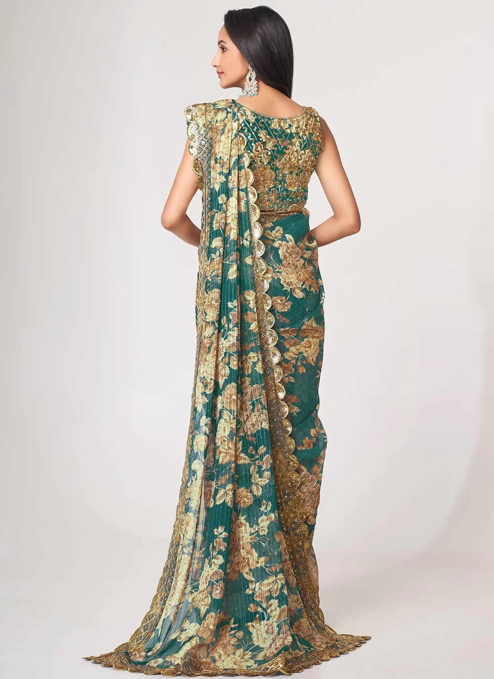 Teal blue sequins embroidery work with digital print saree