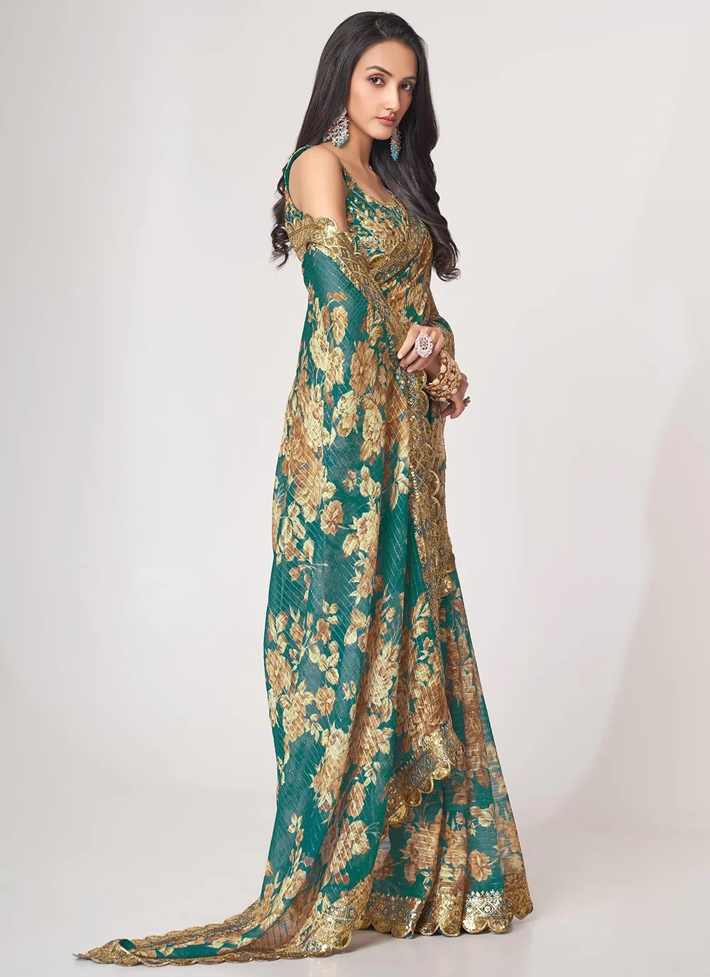 Teal blue sequins embroidery work with digital print saree