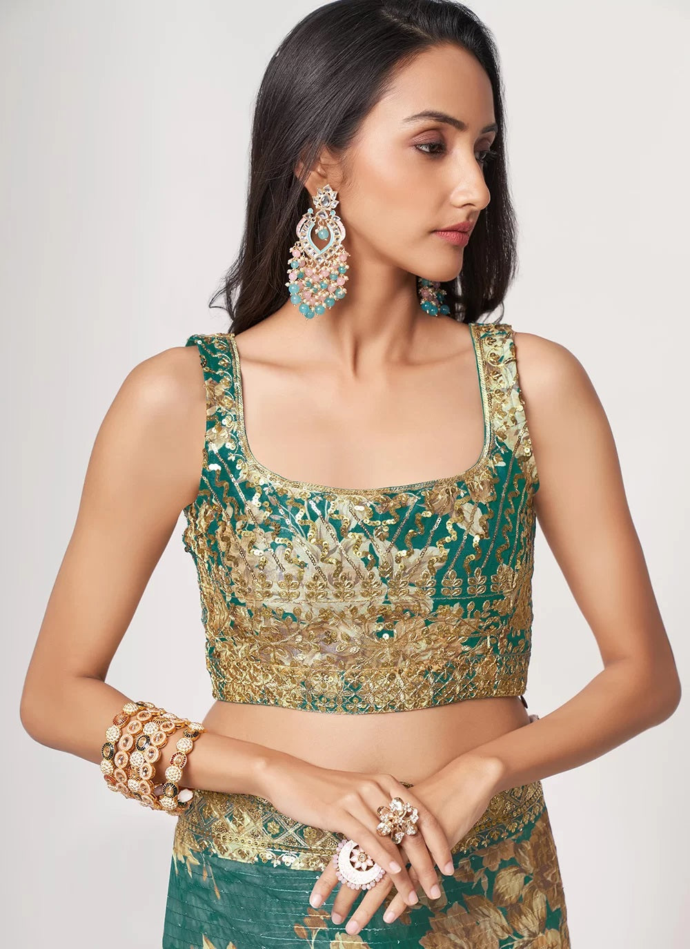 Teal blue sequins embroidery work with digital print saree