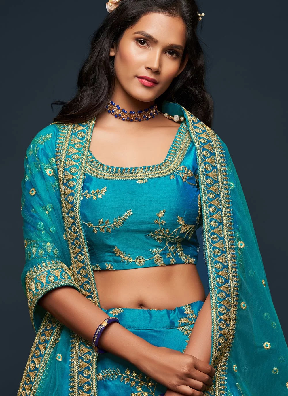 Teal blue zari work art silk lehenga for wedding